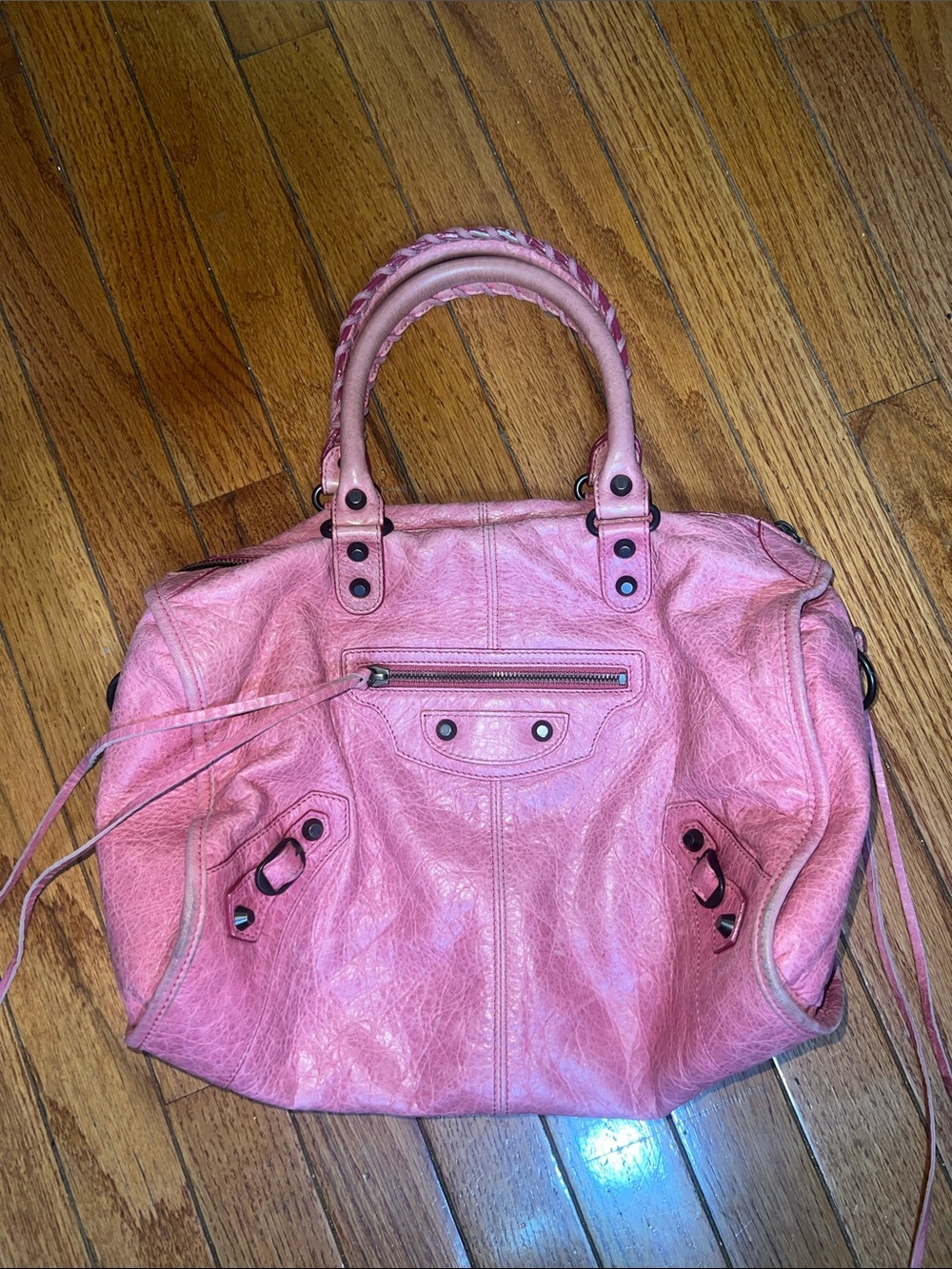 Balenciaga Paris Pink Distressed Leather Motorcycle City Bag